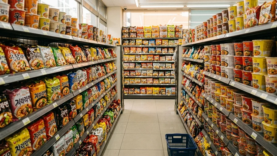 A convenience store shelf neatly stacked with various cup noodles and bagged instant ramen