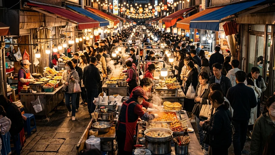 Nighttime scene in a Korean night market alley