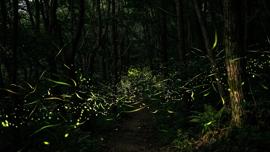 Fireflies tracing trails of light as they fly along a deep-night forest path