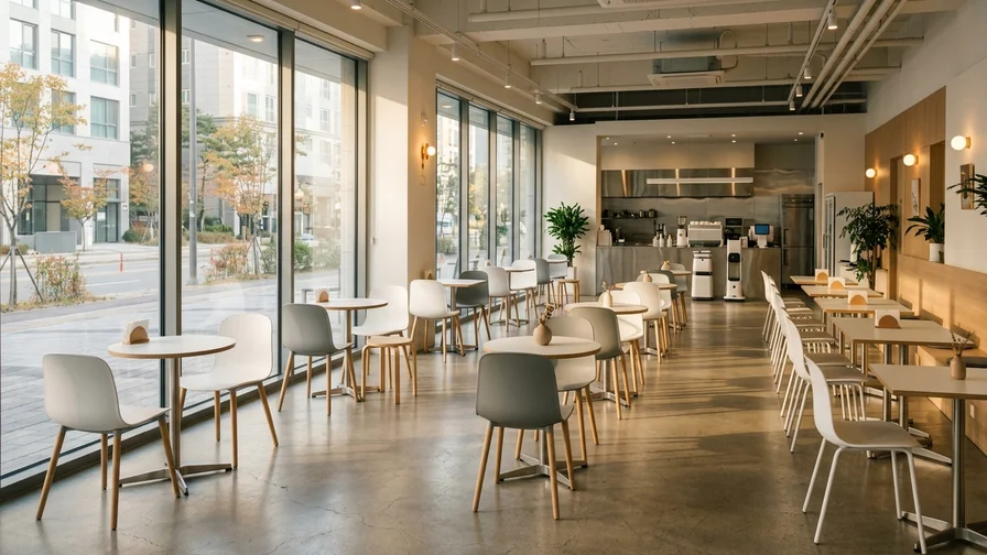 A minimalist seating area in a quiet, sunlit unmanned cafe