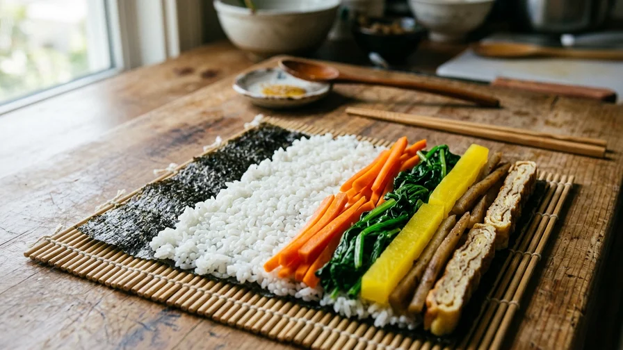 김밥을 만들기 위해 나무 도마 위에 준비된 형형색색의 재료들