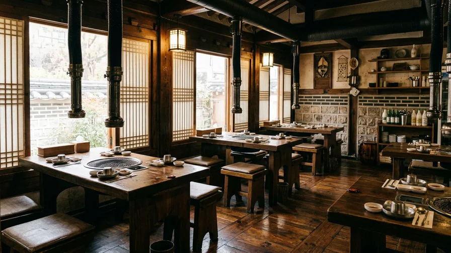 전통적인 한옥 느낌을 살린 종로 고기집의 고즈넉한 실내 전경