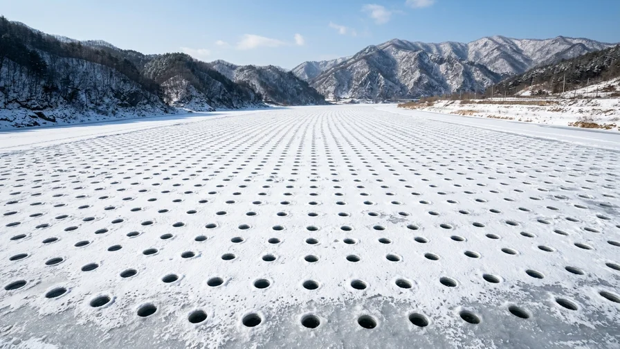 The Sancheoneo Festival scene with countless ice-fishing holes drilled across Hwacheon's frozen river