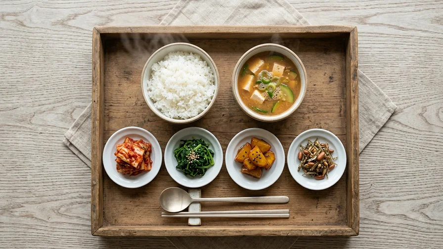 흰 쌀밥과 국 그리고 여러 반찬으로 차려진 한국 백반 한상