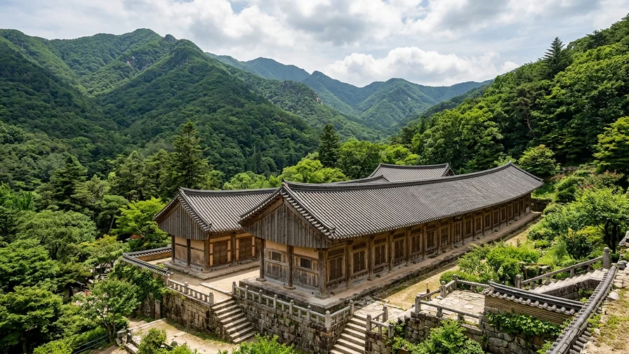 가야산의 푸른 숲속에 자리한 해인사 장경판전의 전경