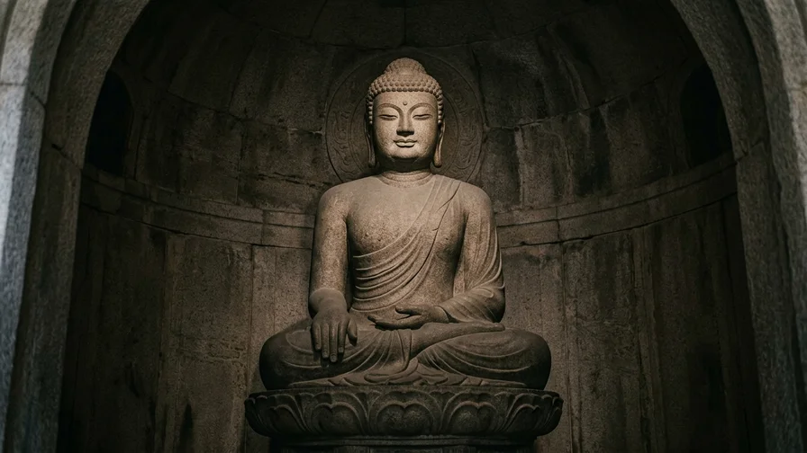 The merciful yet dignified expression and delicate carving of the main Buddha at Seokguram