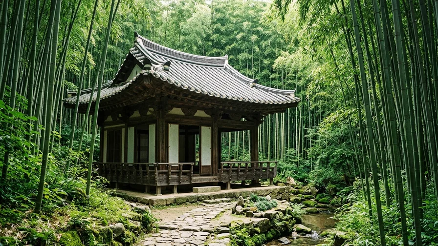 The tranquil appearance of a traditional Korean pavilion nestled in a bamboo forest