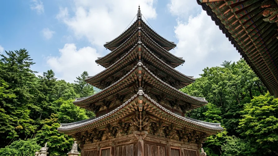 The magnificent five-story wooden pagoda Palsangjeon at Beopjusa amid lush summer greenery