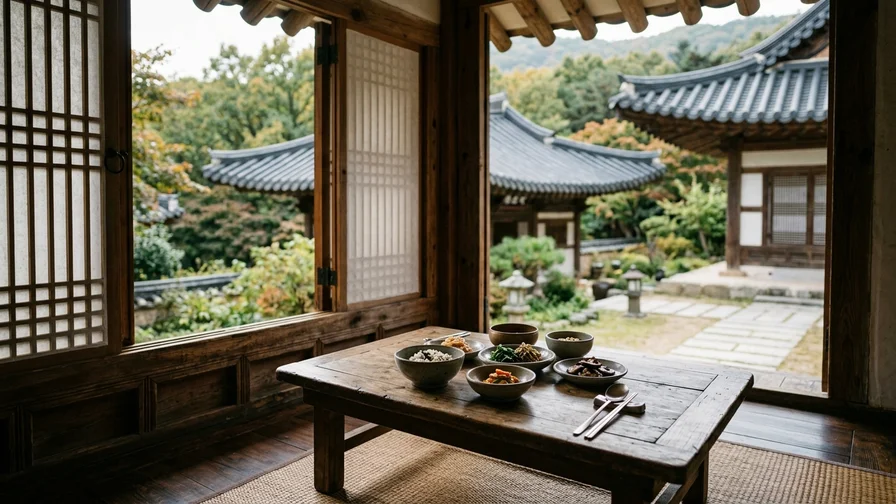 사찰의 고즈넉한 풍경이 보이는 창가에 놓인 사찰음식 한 상