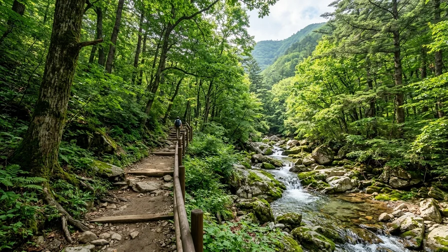 소백산 어의곡 들머리의 원시림 숲길과 맑은 계곡