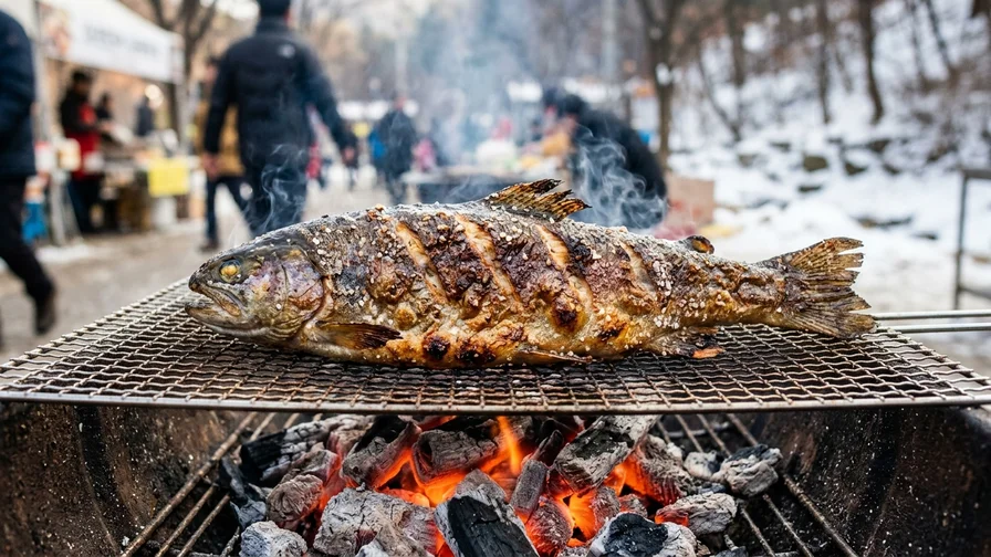 숯불 석쇠 위에서 노릇노릇 맛있게 구워지는 산천어 소금구이
