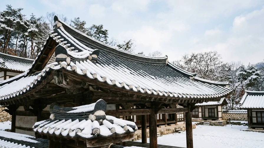 The curves of a snow-covered seowon roof revealing the quiet charm of winter