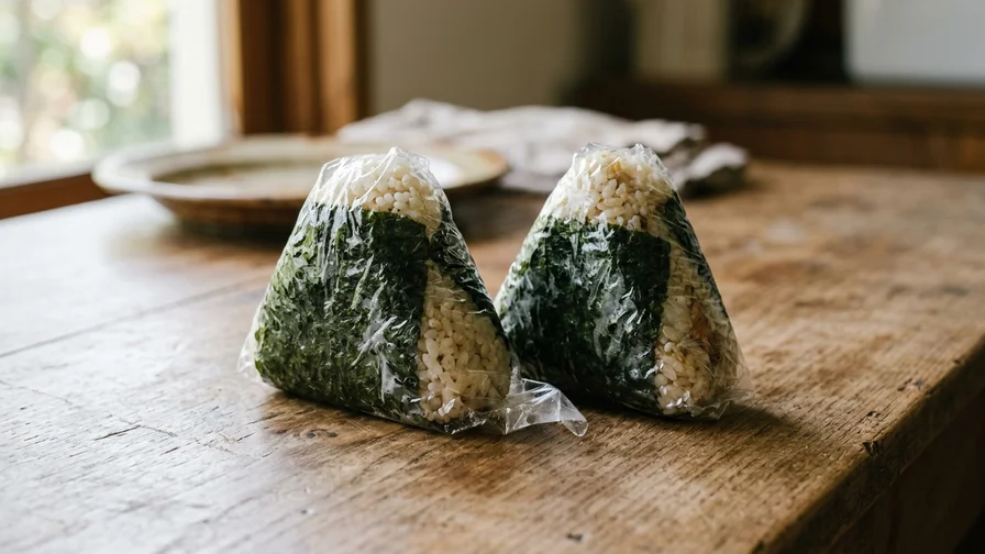 플라스틱 포장지에 싸여 있는 참치마요 삼각김밥 두 개