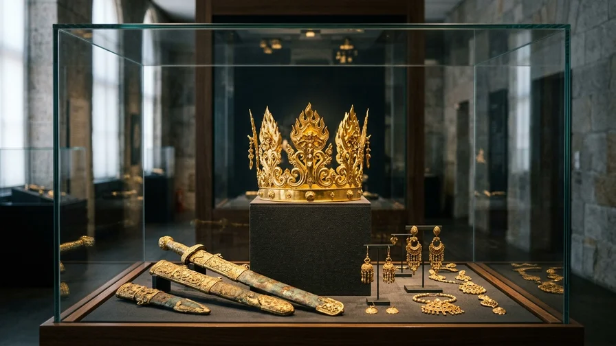 An ornate gold crown and accessories from the Daegaya era displayed in the museum