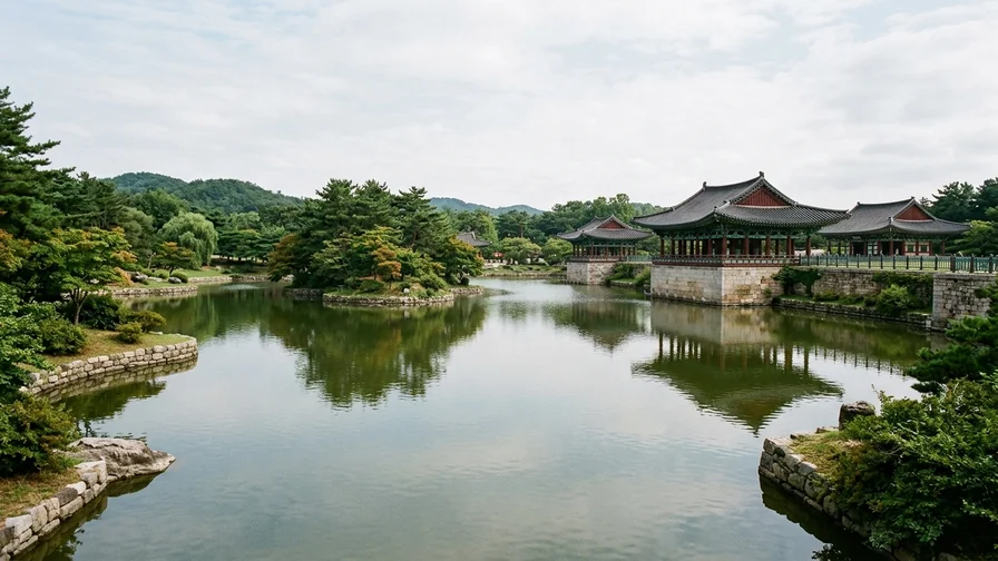 Donggung Palace and Wolji Pond in Gyeongju, a peaceful daytime scene capturing the grandeur of a Silla-era garden