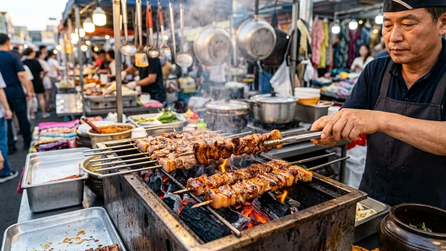 불판 위에서 지글거리는 흑돼지 꼬치