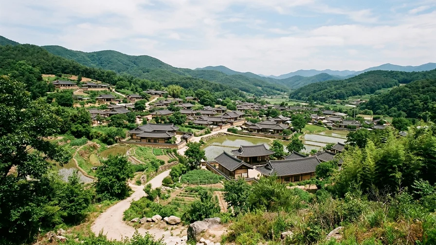 산기슭 지형을 따라 자연스럽게 자리 잡은 경주 양동마을 전경
