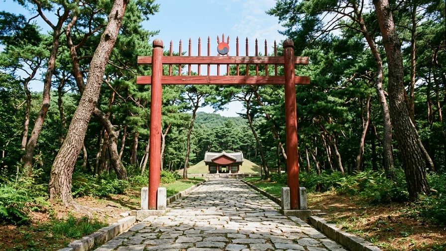 The red Hongsalmun gate of a Joseon royal tomb standing in a dense pine forest