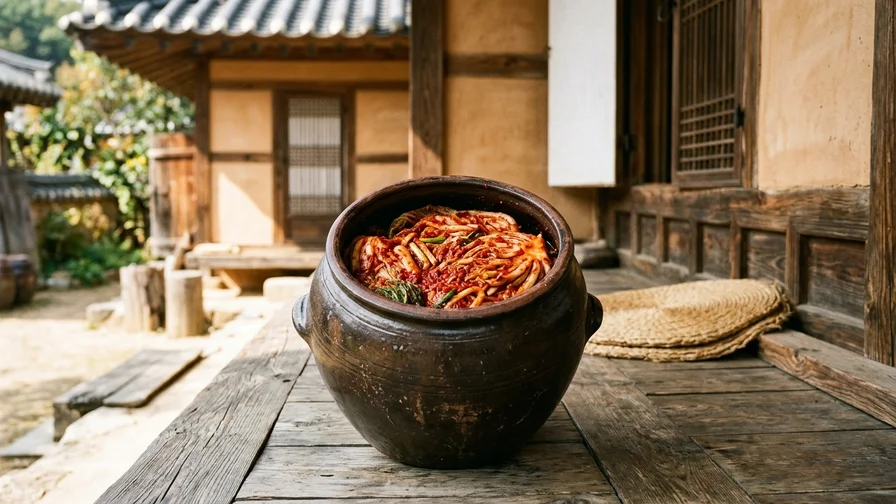 먹음직스러운 김치가 가득 담긴 전통 항아리 독