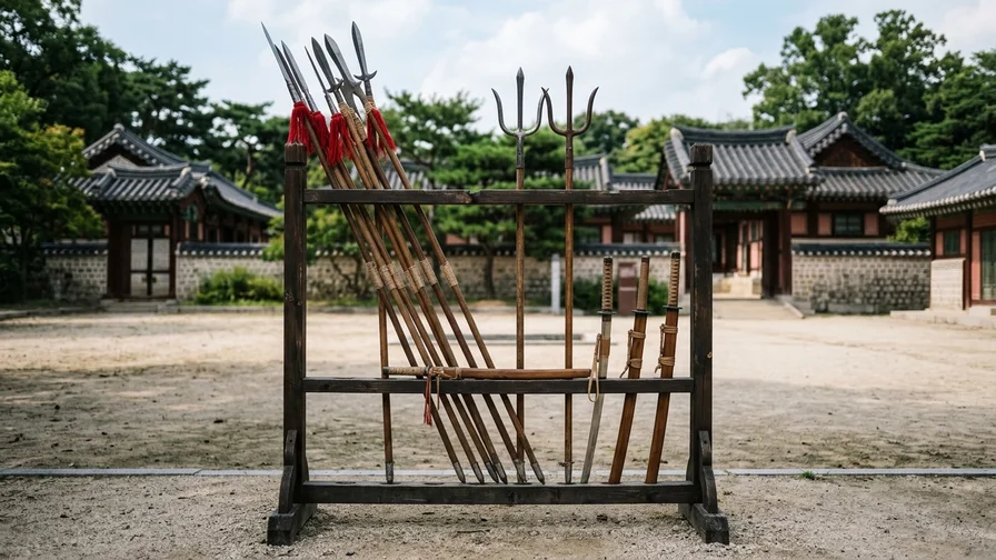 화성행궁 무예24기 시범 훈련장에 놓인 전통 창과 칼