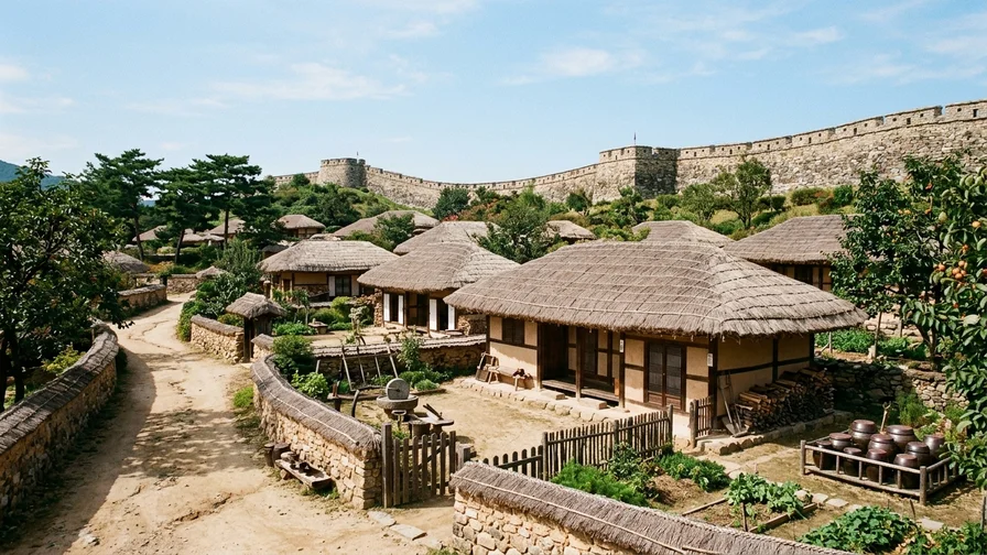 Thatched houses clustered below the fortress walls of Naganeupseong Folk Village