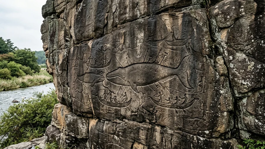 반구대 암각화의 고래 사냥 장면 상세, 작살 맞은 고래와 배 그림