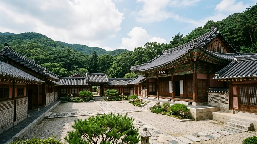 The traditional tiled roofs and courtyard of the serene Namhansanseong Haenggung palace