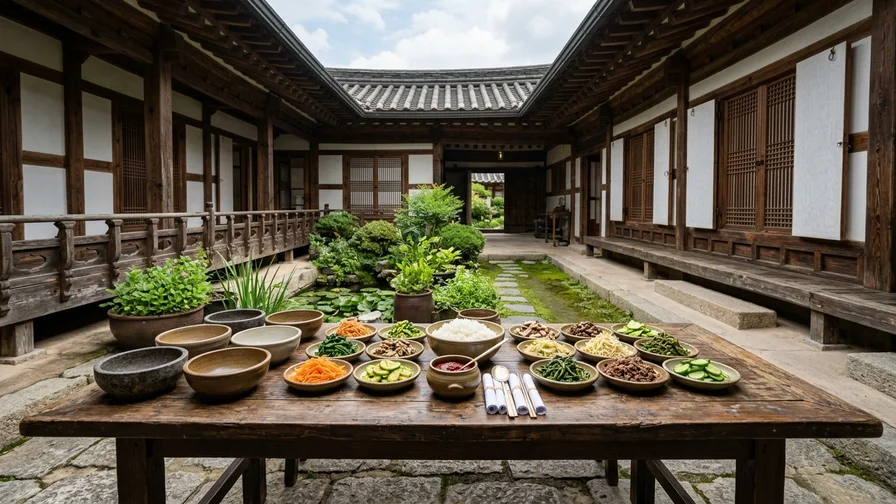 한옥 마당에 준비된 비빔밥 만들기 체험 재료와 그릇들