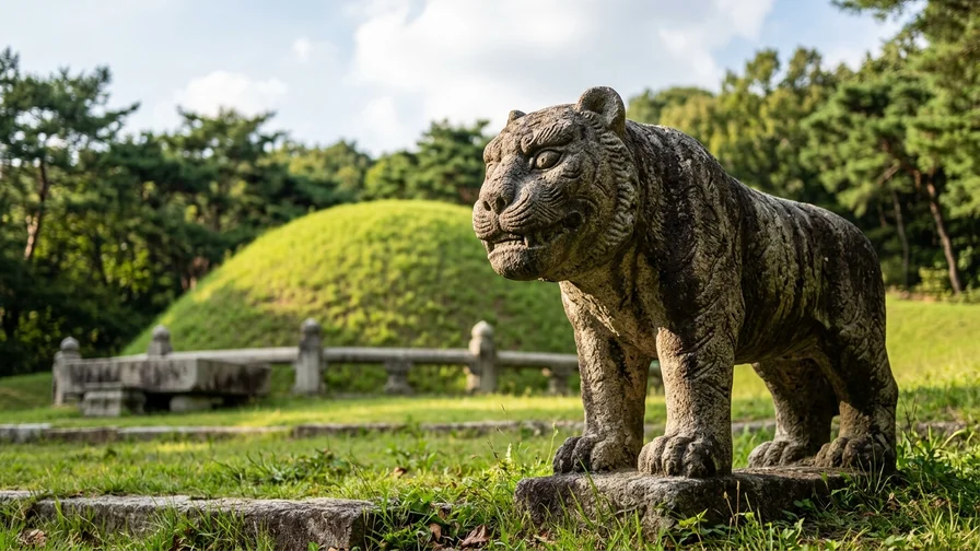 A weathered stone tiger statue in front of a Joseon royal tomb burial mound