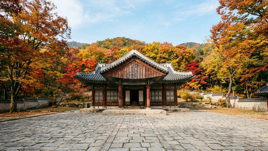 The graceful Jeongjagak of a Joseon royal tomb surrounded by autumn foliage