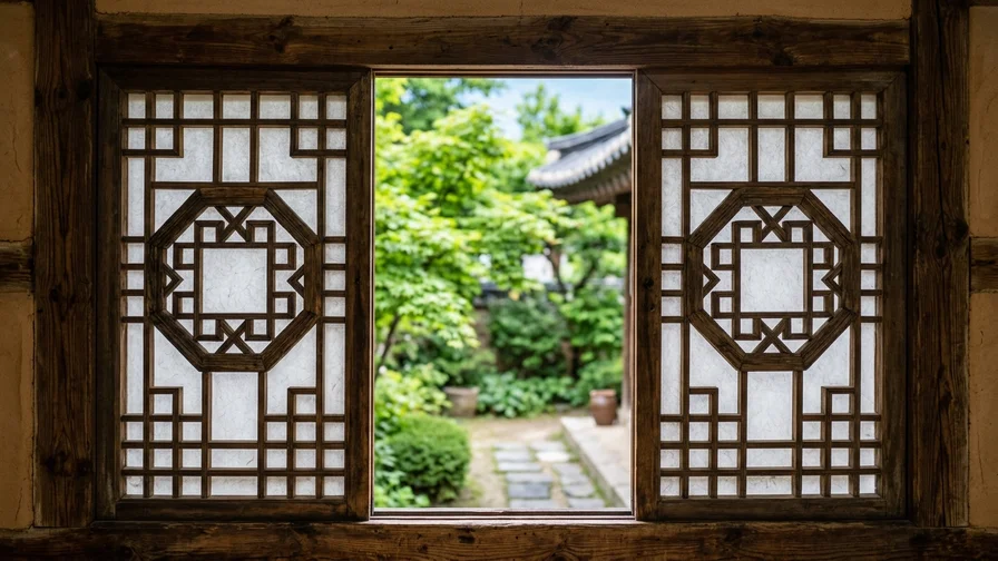 A view of the green courtyard seen through the delicate wooden latticework of a hanok window