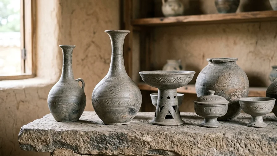 Several gray earthenware pieces from the Daegaya era showcasing distinctive designs