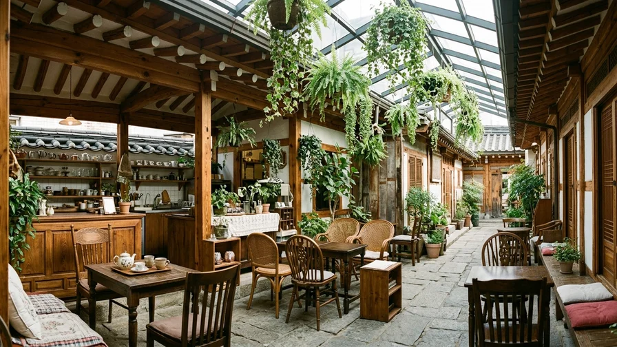 A cozy cafe space beneath a glass roof tucked into an alley in Ikseon-dong