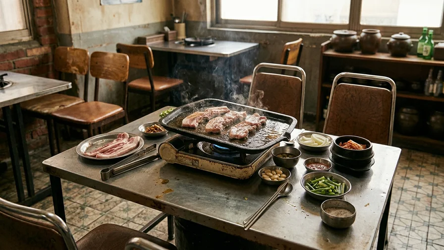 1970년대 분위기 식당의 낡은 드럼통 불판 위에서 구워지는 삼겹살