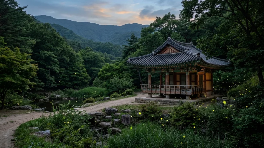 A scene of fireflies glowing beside a traditional pavilion at the forest's edge at dusk