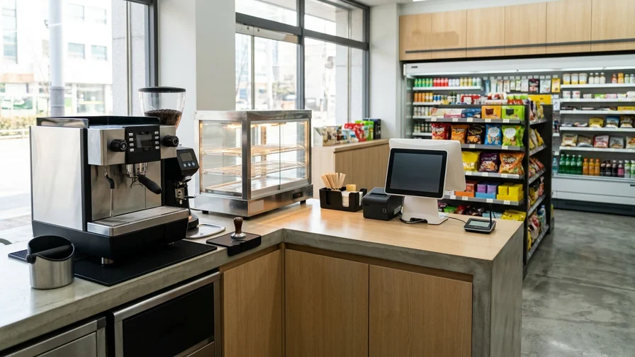 A tidy convenience store checkout counter equipped with a fresh-bean coffee machine and a hot-food warmer