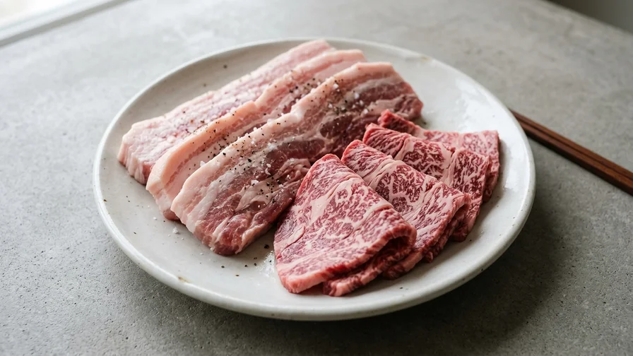 신선한 삼겹살과 마블링이 선명한 한우가 접시에 담겨 있다