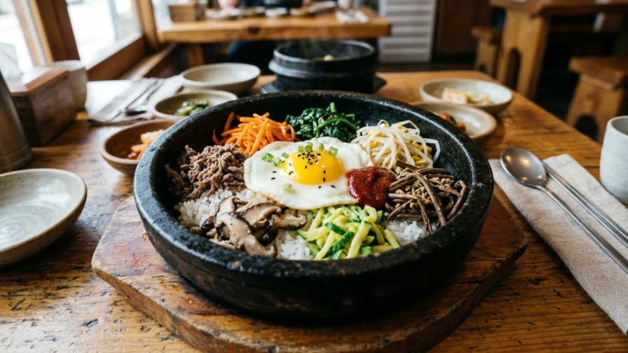 비빔밥을 만들기 위해 밥 위에 다채롭게 올라간 나물과 채소들