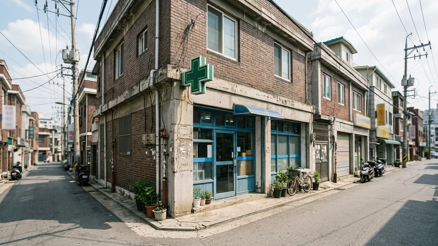 초록색 십자가 간판이 상징적인 한국의 조용한 동네 약국 건물