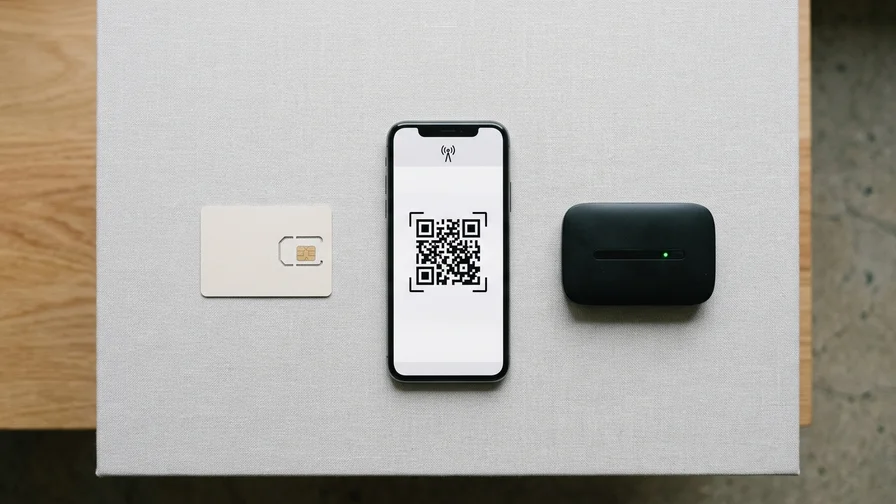 A SIM card, eSIM, and pocket WiFi lined up side by side on a wooden background