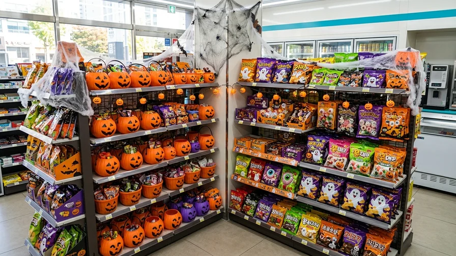 A convenience store corner displaying Halloween-season pumpkin and ghost-shaped jellies