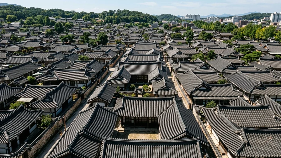Layers of tiled rooftops stretching across Jeonju Hanok Village seen from above