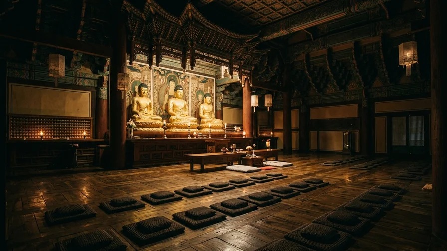 The quiet, solemn interior of Daeungjeon Hall ahead of the pre-dawn service