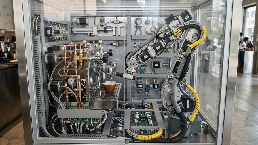 The complex internal machinery that powers an AI robot barista
