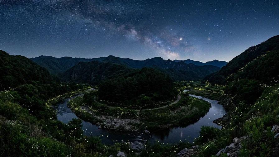 A Muju mountain valley night where stars in the sky meet fireflies by the stream