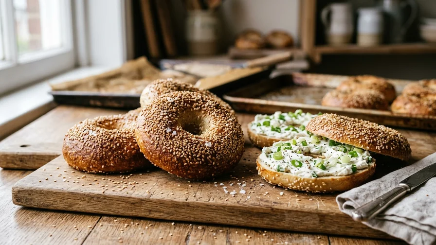 An assortment of bagels from London Bagel Museum on a wooden board
