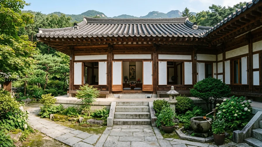 The serene, tidy grounds and traditional wooden architecture of Jingwansa, a Buddhist nuns' temple in Eunpyeong-gu, Seoul