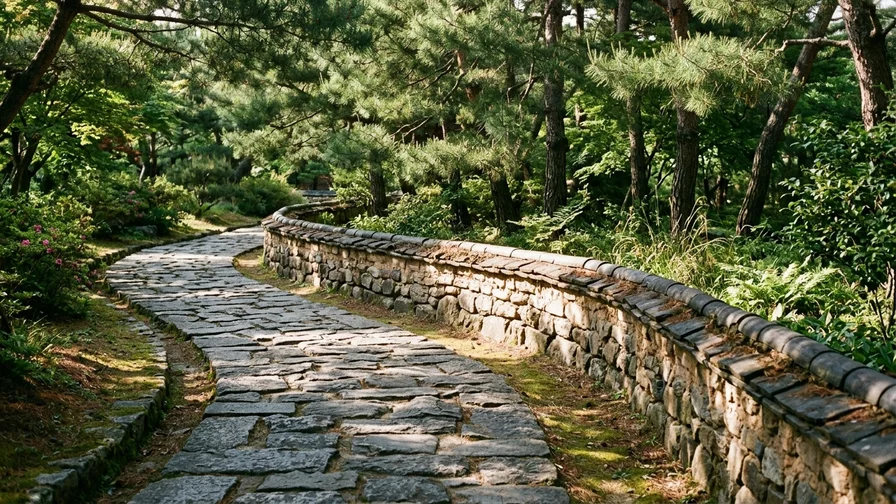 A serene stone-walled path in a Korean garden, a quiet and beautiful trail bathed in sunlight