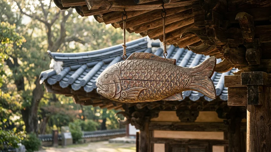 Intricate carving of a wooden fish (mogeo) hanging under the eaves to save all beings