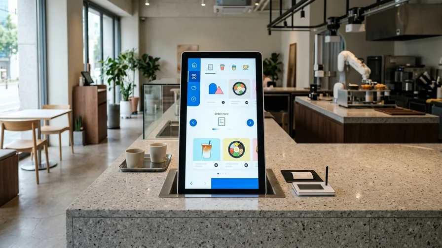 A modern unmanned ordering kiosk installed at a Korean robot cafe